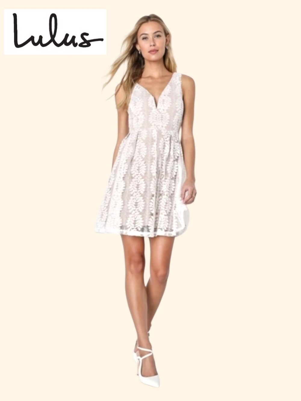 LULUS 'All of My Heart' Skater Dress White Lace Over Nude Lining Sleeveless XS